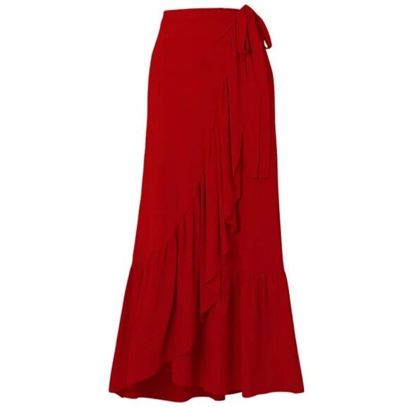 New Elegant Red Ruffle Wrap Cover Up Skirt - Picture 3 of 11